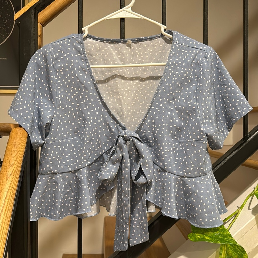 SHEIN Blue and White Babydoll Crop Top w Bow